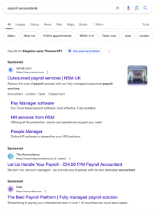 Screenshot shows Google Ads for the search term "Payroll Accountants" on desktop.