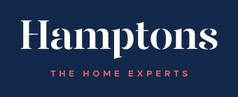 Hamptons estate agents logo. Dark blue background with white and red text.