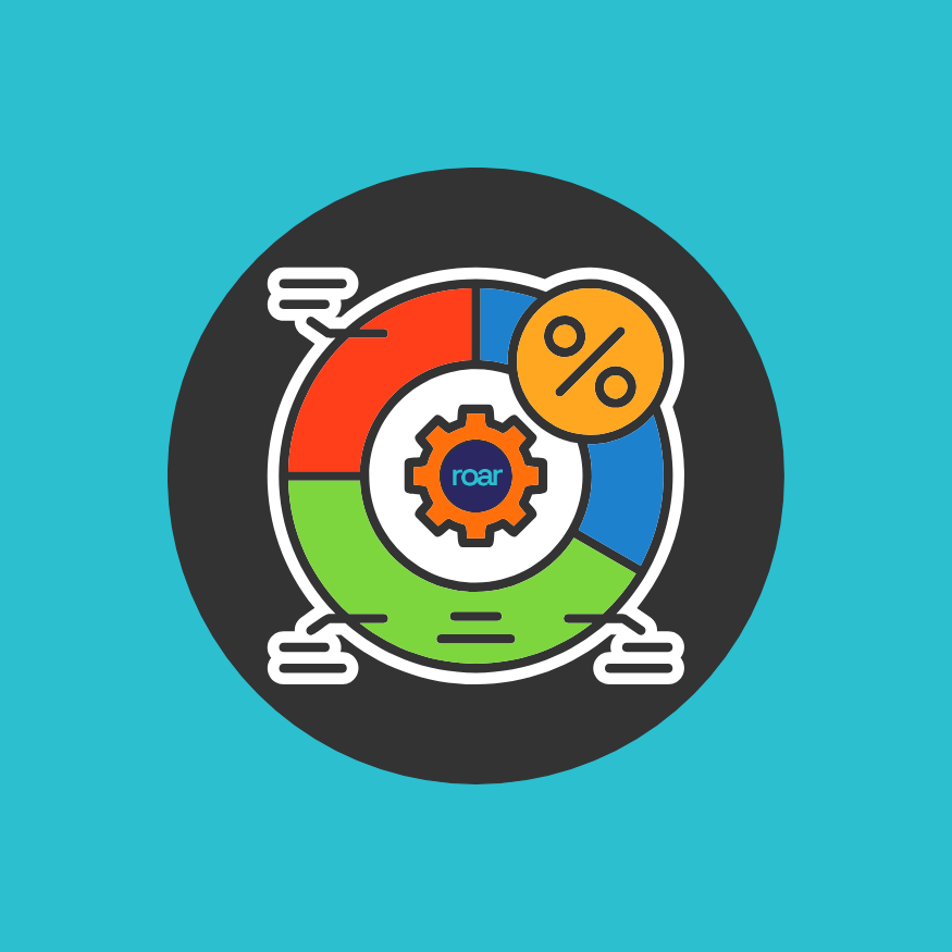 Ecommerce CRO illustration featuring a colourful pie chart with a percentage symbol and the Roar Digital logo, representing conversion rate optimisation and performance improvement for online stores.