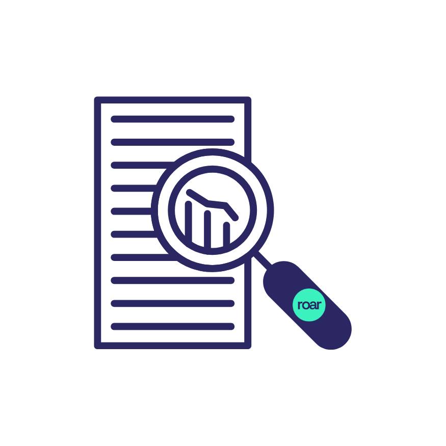 Ecommerce SEO audit illustration showing a magnifying glass with the Roar Digital logo analysing a data report, representing technical website analysis and performance optimisation for online stores.