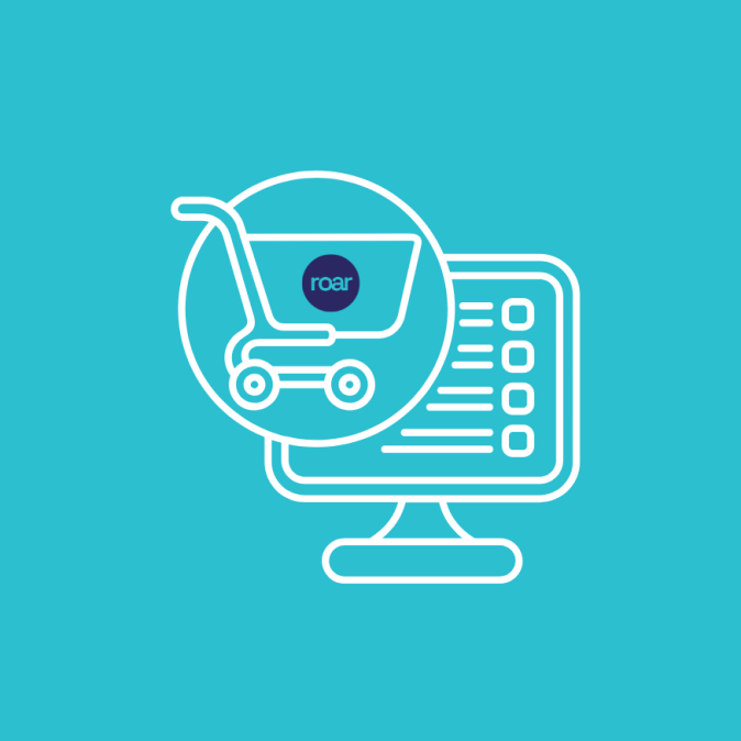 Ecommerce SEO illustration showing a shopping cart with the Roar Digital logo and a computer screen, representing online store optimisation and digital marketing services.