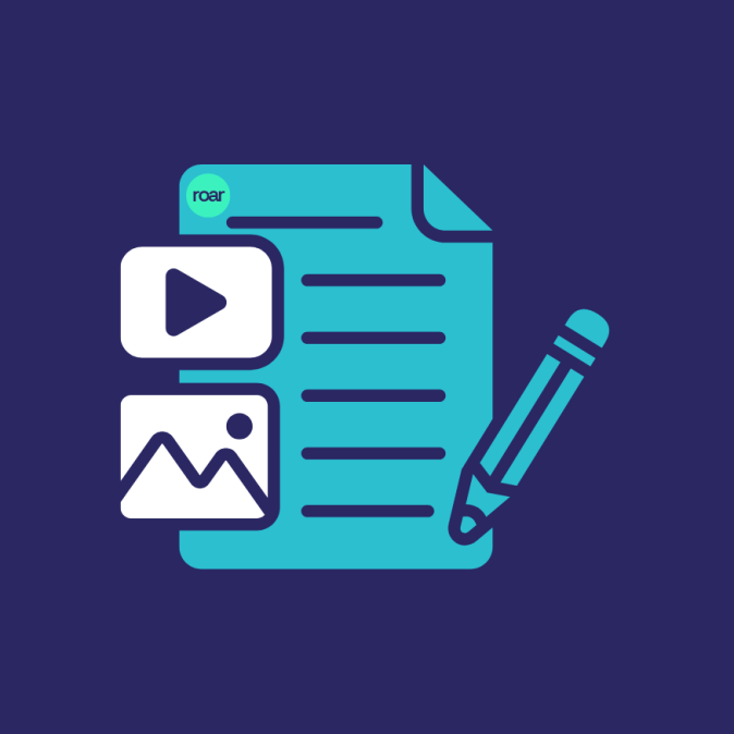 Ecommerce on-page SEO illustration showing a document with a pencil, image, and video icons, representing content optimisation and page element enhancement by Roar Digital.