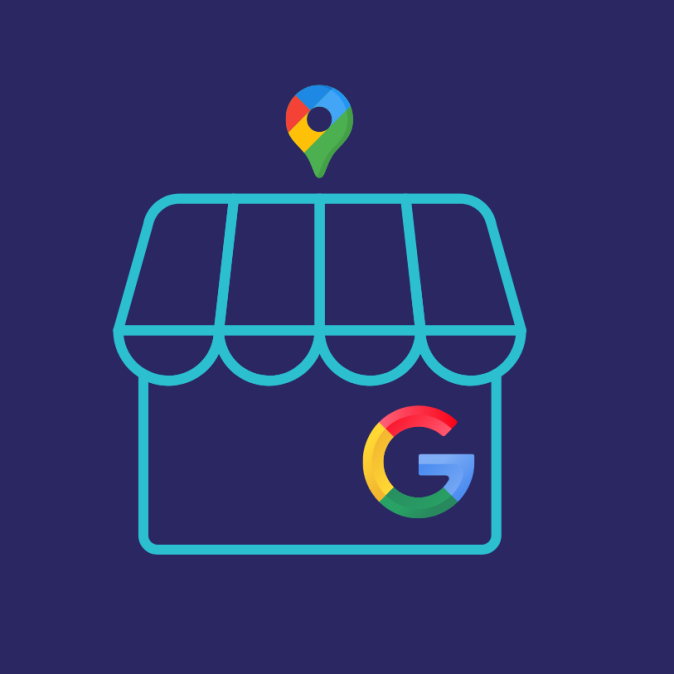 Google Business Profile optimisation illustration showing a storefront icon with Google Maps pin and Google logo, representing improved local visibility and customer engagement.