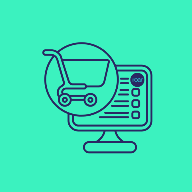 Roar Digital ecommerce SEO icon with shopping cart and computer screen, symbolising product optimisation, site speed and conversions.