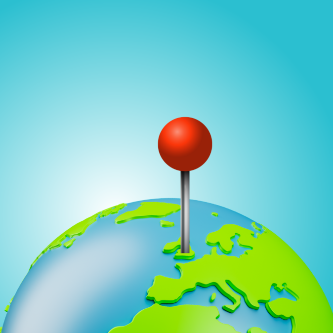 Cartoon image of globe on pale blue background. A red location pin stands in the UK.