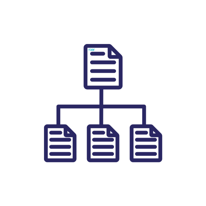 Roar Digital structured data icon with connected documents, symbolising schema markup, site hierarchy and enhanced search visibility.