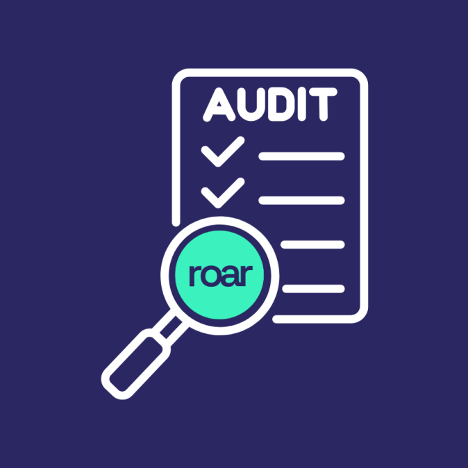 Roar Digital Technical SEO audit icon with checklist and magnifying glass, symbolising in-depth website health and performance review.