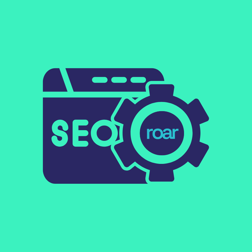 Roar Digital Technical SEO icon with browser, cogwheel and logo, symbolising site optimisation, structure and search visibility.